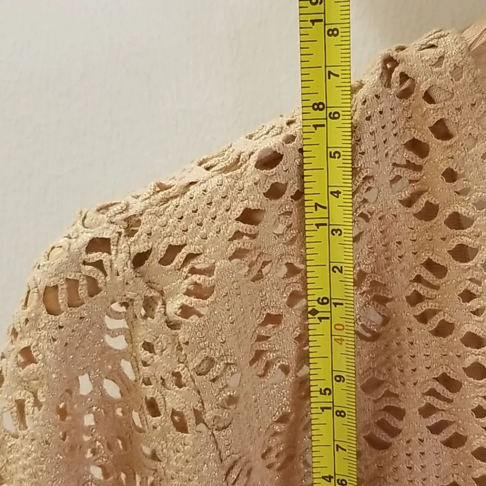 Free People Beach Metallic Gold Lurex Long Sleeve Cut Out Crochet Crop Top Sz L